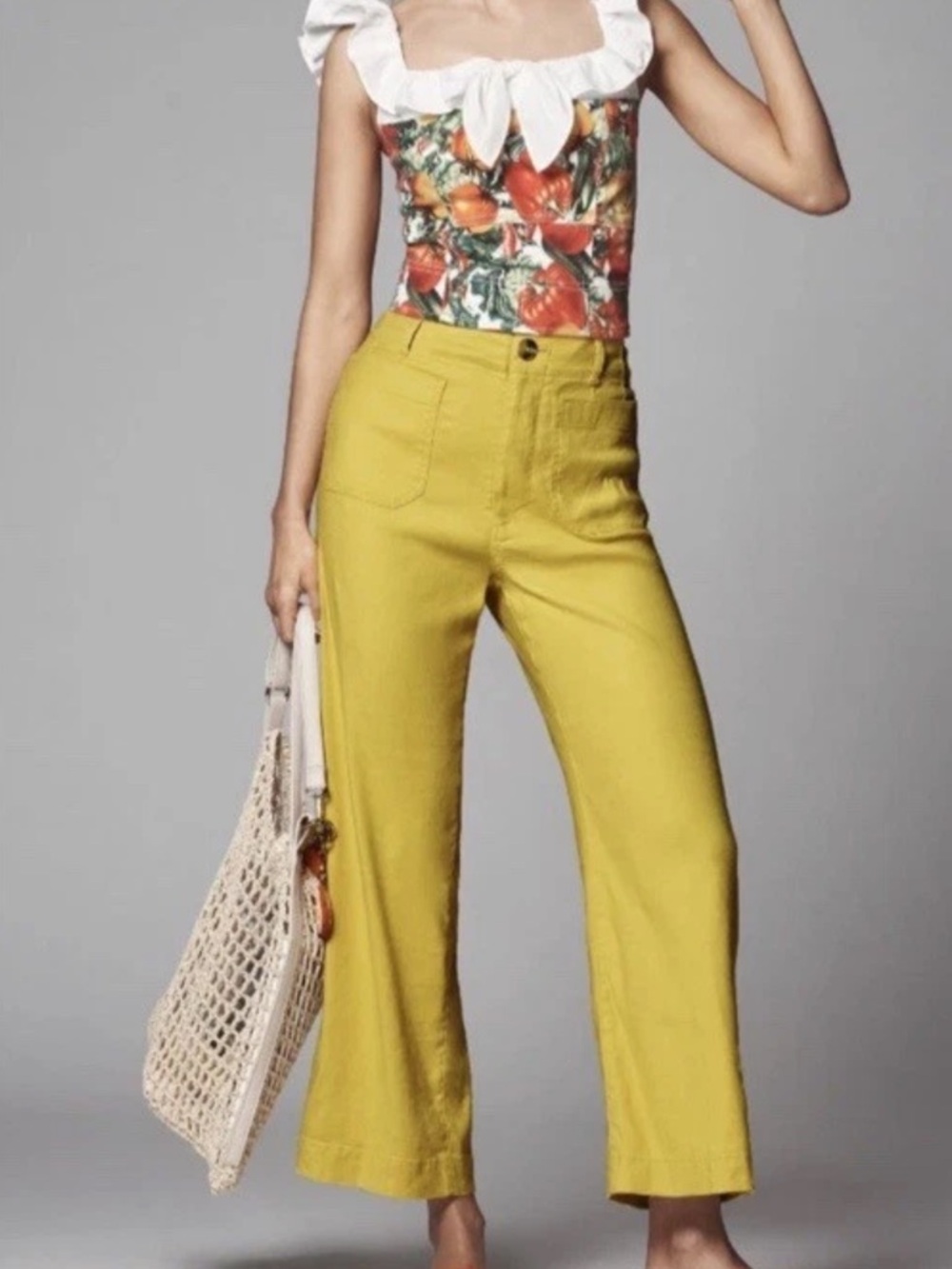 Anthropologie Maeve Mustard Yellow High Waist Wide Leg Crop Pants Size 32